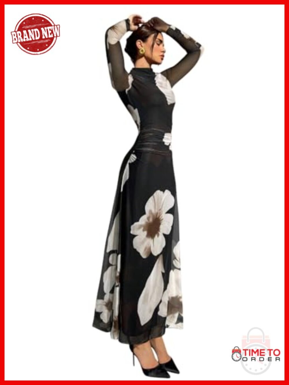Women's Floral Print Mesh A-Line Maxi Dress Long Sleeve Mock Neck Ruched
